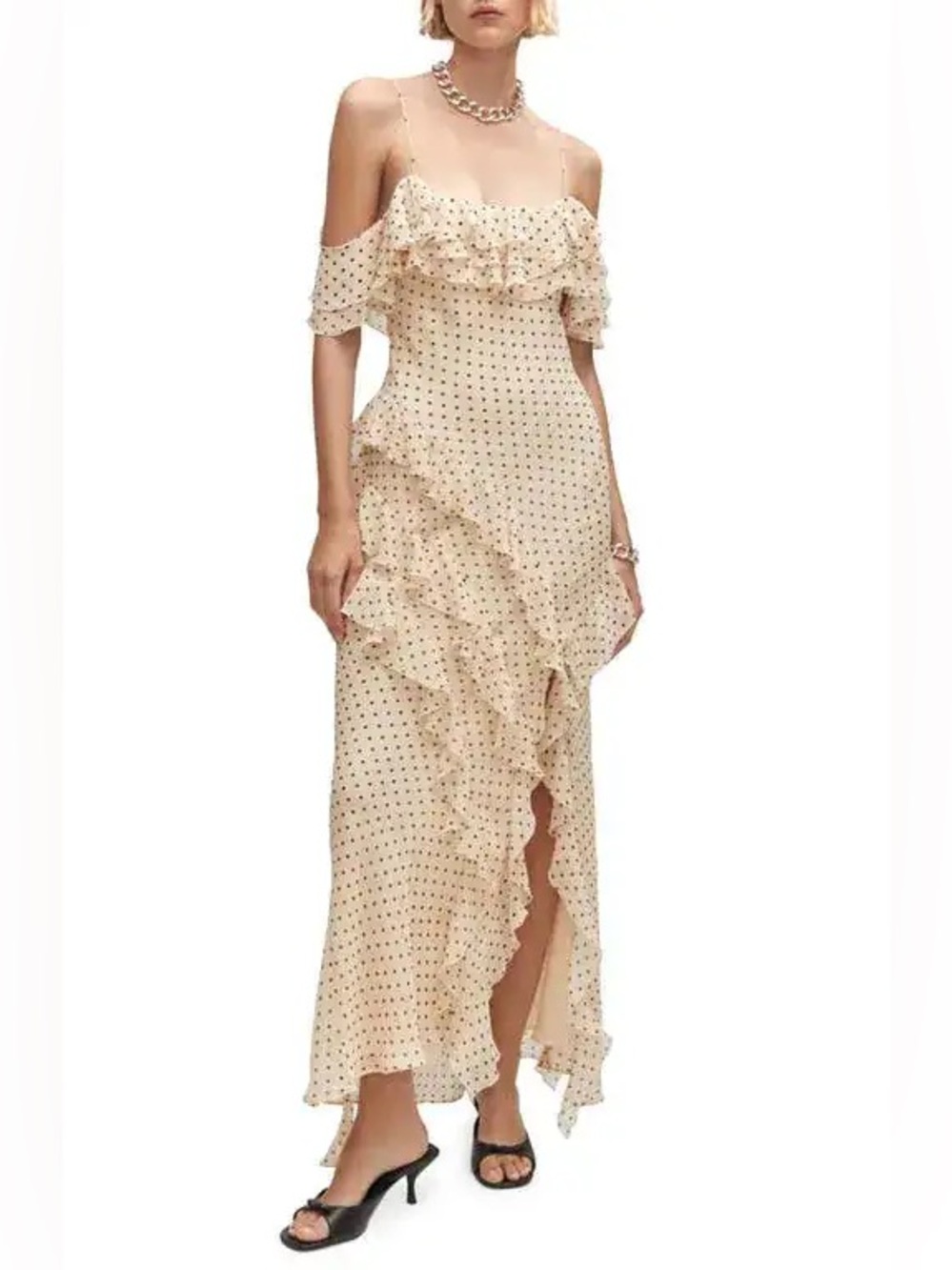 Mango Cream Polka Dot Ruffle Maxi Dress